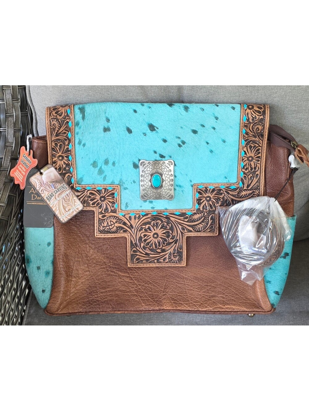 American Darling Genuine Leather Hand Carved Turquoise Cross